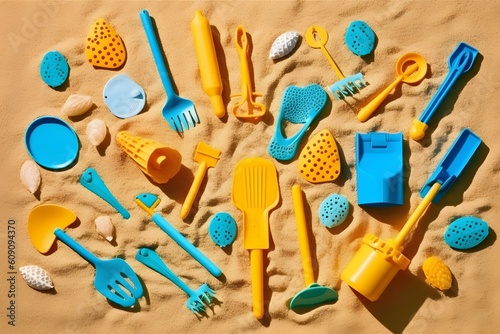 beach toys tools beach view flat lay professional photography ai generated