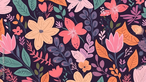Seamless pattern with spring flowers and leaves AI generative