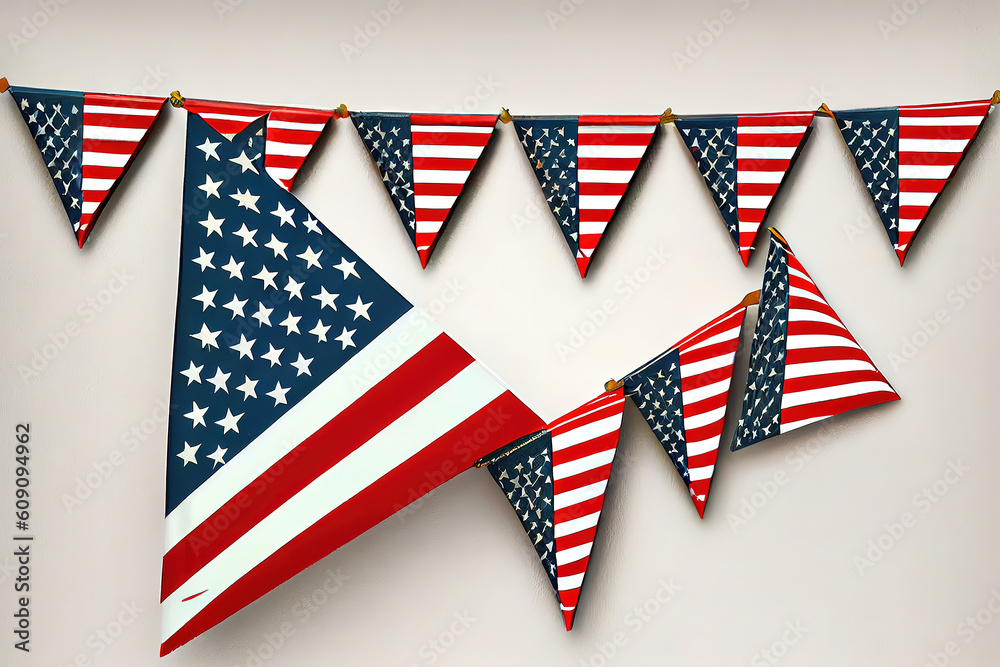 Fototapeta premium Vector colorful bunting decoration in colors of USA flag on a wooden background. Generative Ai