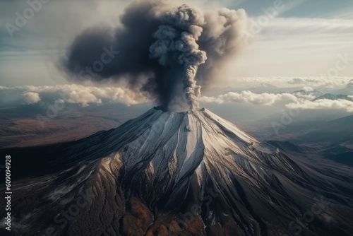 Rising pillar of smoke from the chimney of erupting volcano. Generative AI.