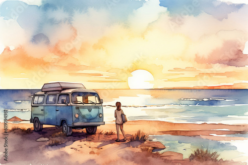 Watercolor illustration of a vintage camper van on sunset, camping on mediterranean sea coast. Generative AI.