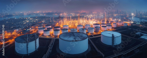 Oil refinery plant from industry zone,Oil refinery at twilight,Aerial view of Oil and gas industry, industry factory concept and transportation,, Refinery factory and oil storage tank ,Generative AI