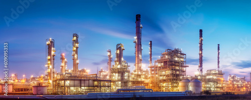 Oil refinery plant from industry zone,Oil refinery at twilight,Aerial view of Oil and gas industry,
industry factory concept and transportation,, Refinery factory and oil storage tank ,Generative AI
