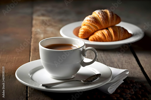 White cup with aromatic coffee and fresh tasty two croissants on wooden background. Delicious cheerful breakfast. Generative AI  illustration