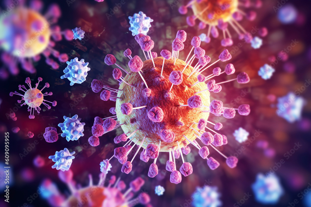 covid-19 banner illustration, microscopic view of floating influenza virus cells, Generative Ai covid-19 banner illustration, microscopic view of floating influenza virus cells, Generative Ai