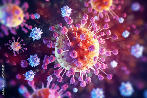 covid-19 banner illustration, microscopic view of floating influenza virus cells, Generative Ai