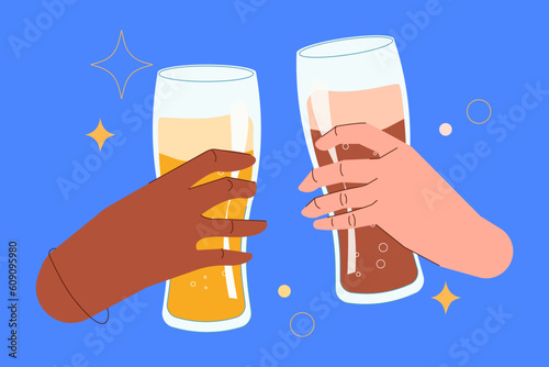 Celebration and toasting, cheers hands holding beer. Two hands clink glasses with dark and light beer . The concept of the beer festival. Flat illustration for postcards, posters and stickers