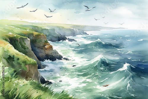 Watercolor illustration of a scenic Irish landspace. Generative AI.