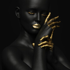 Fotobehang Zwart goud Vingers en lippen in vloeibaar goud  © pictosmith