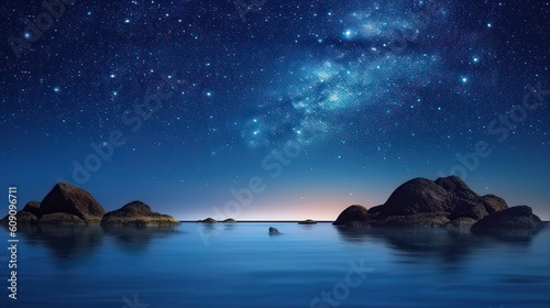 beautiful seascape with glitter glowing sky in night AI generative