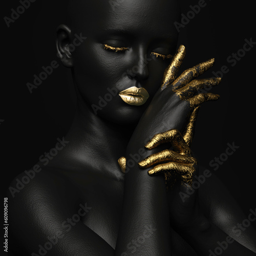 Close-up of a female figure with golden fingers and golden lips. Fashion Pose.