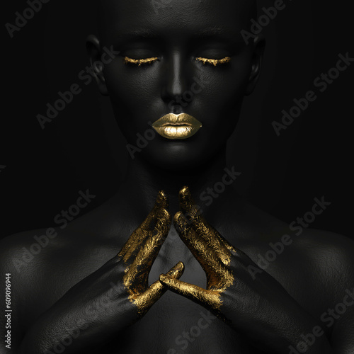 Close-up of a female figure with golden fingers and golden lips.