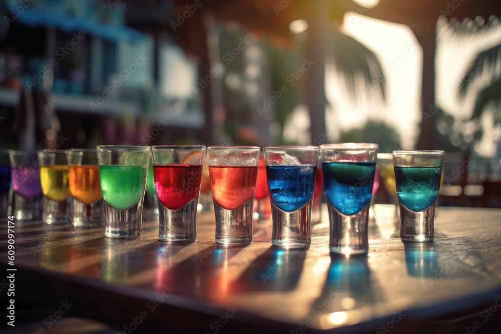Colourful refreshing cocktail shots on the wooden table served in beach bar on summer day. Generative AI.