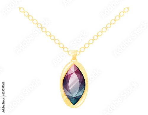 Gold necklace with burgundy realistic glowing gemstone ruby. Vector cartoon female jewelry, expensive royal chain.