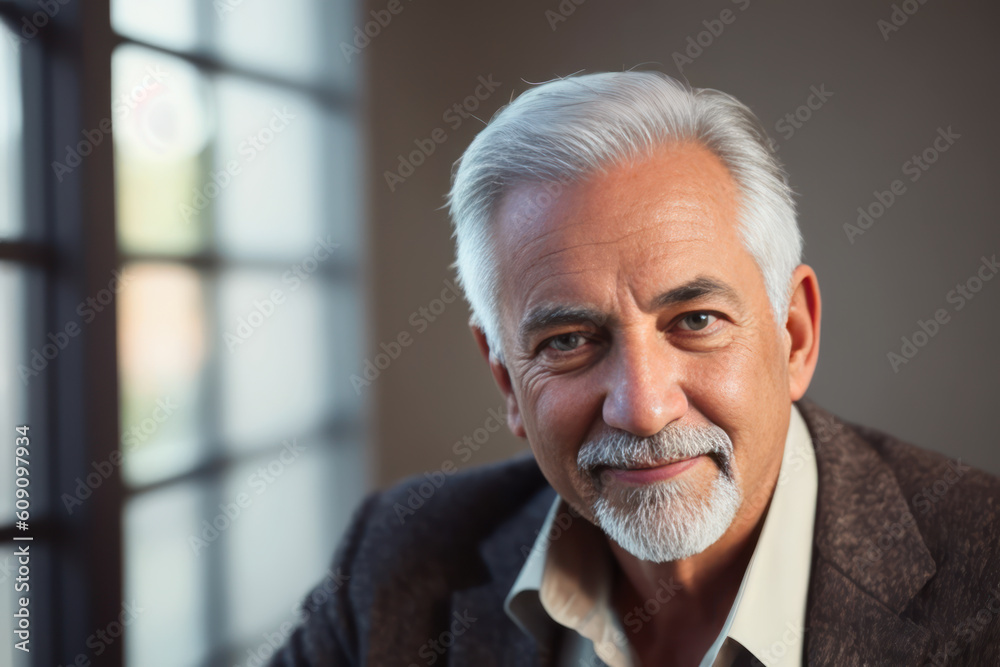 Portrait of the retired old man grandpa grey hair with a cheerful smile wearing a casual checkered clothes. Concept of active age. Generative AI Portrait of the retired old man grandpa grey hair with a cheerful smile wearing a casual checkered clothes. Concept of active age. Generative AI