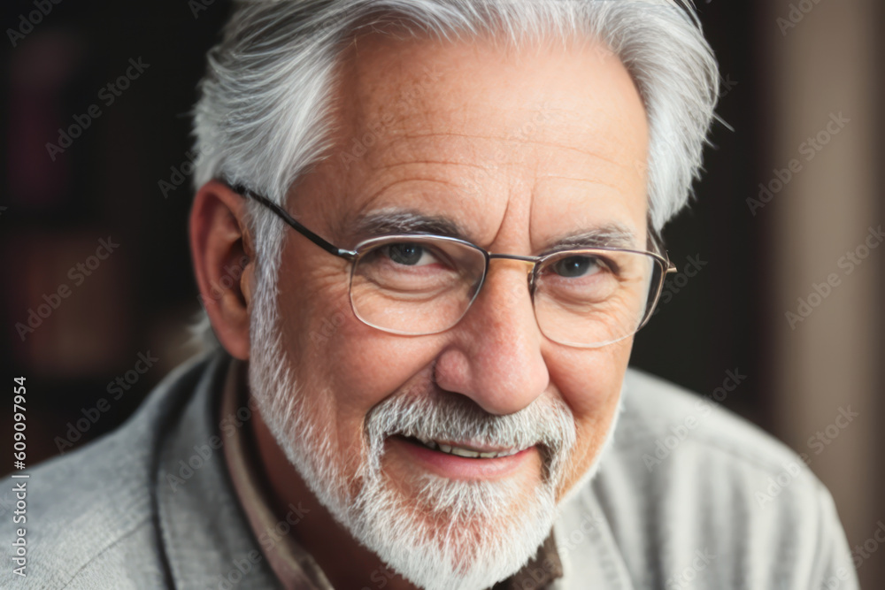 Portrait of the retired old man grandpa grey hair with a cheerful smile wearing a casual checkered clothes. Concept of active age. Generative AI