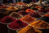 Colourful piles of spices on an Eastern market. Generative AI.