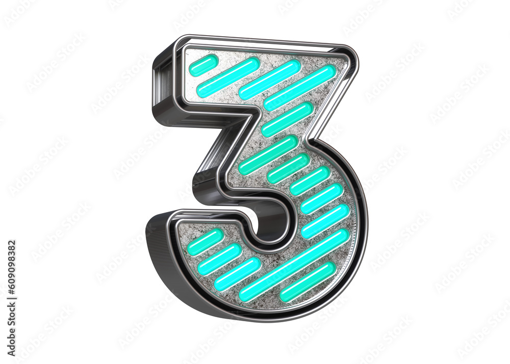 Silvery teal neon font digit number 3. Beautiful typography for the creation of titles, ad headers and eye-catching texts. High quality 3D rendering.