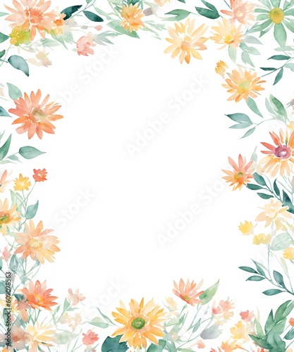 Watercolor frame with gerbera flowers and leaves. Templates for design, botanical illustration in watercolor style. Illustration on white background, for wedding cards, invitation. Generative AI
