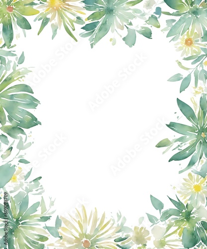 Watercolor frame with gerbera flowers and leaves. Templates for design, botanical illustration in watercolor style. Illustration on white background, for wedding cards, invitation. Generative AI