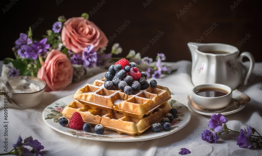 a plate of waffles topped with berries and blueberries. generative ai a plate of waffles topped with berries and blueberries. generative ai