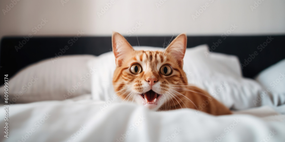Cute ginger cat lies comfortably on the bed. Cozy morning at home. Cute ginger cat lies comfortably on the bed. Cozy morning at home.