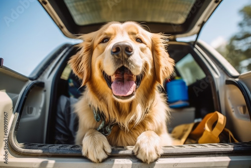 Fotografia Golden retriever dog sitting in car trunk ready for a vacation trip
