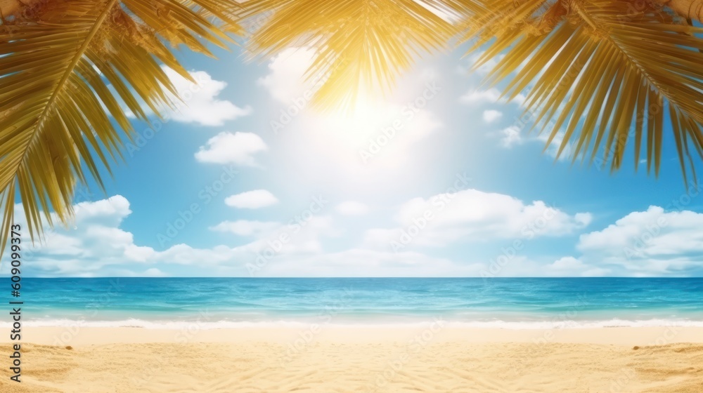 Tropical summer sand beach and bokeh sun light on sea background. Generative AI