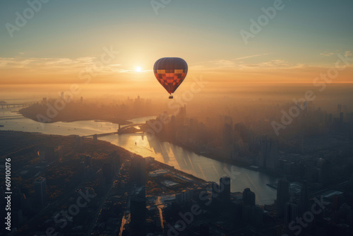 Colourful hot air balloon floating over big city on sunny sunset. Generative AI.