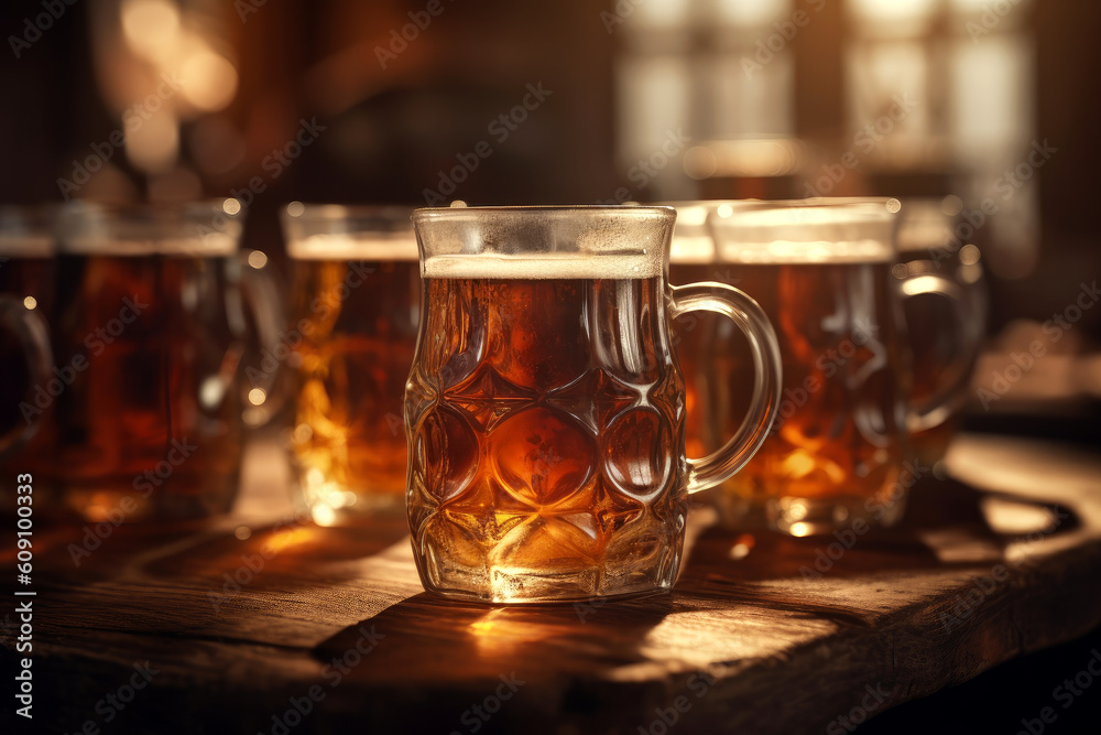 Mugs of beer on a wooden table in traditional German bar, Oktoberfest celebration. Generative AI. Mugs of beer on a wooden table in traditional German bar, Oktoberfest celebration. Generative AI.