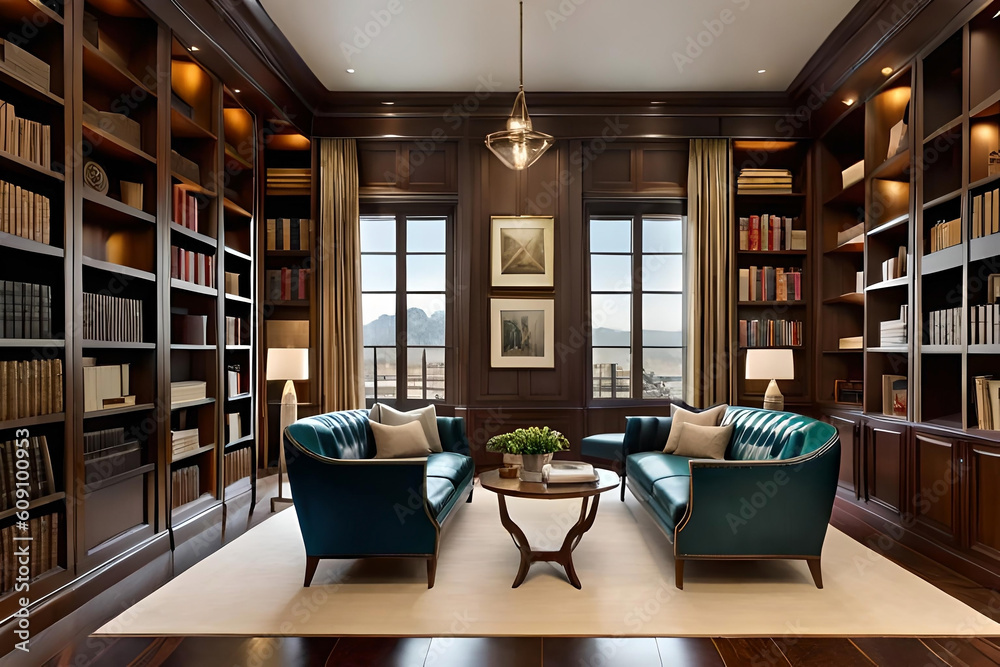 A cozy and inviting home library with floor-to-ceiling bookshelves, a  comfortable reading nook, and soft lighting, creating a haven for book  lovers and intellectuals, Traditional English interior desi Stock  Illustration