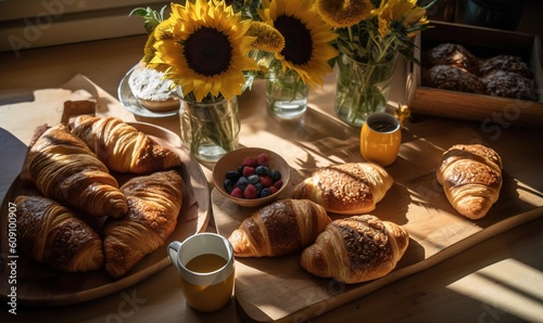  a table topped with croissants and a bowl of fruit. generative ai