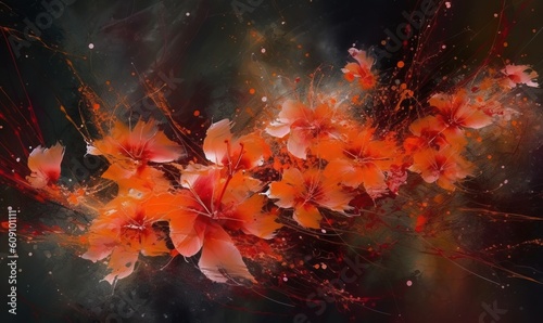  a painting of orange flowers on a black background with water droplets. generative ai