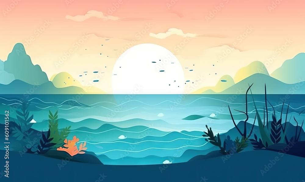  a beautiful sunset over the ocean with a fish in the water.  generative ai