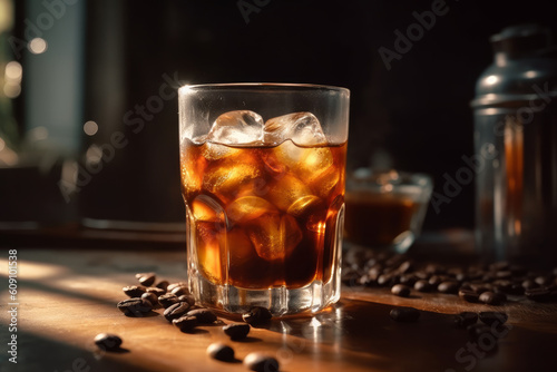 Iced coffee in a tall glass surrounded by coffee beans. Generative AI.
