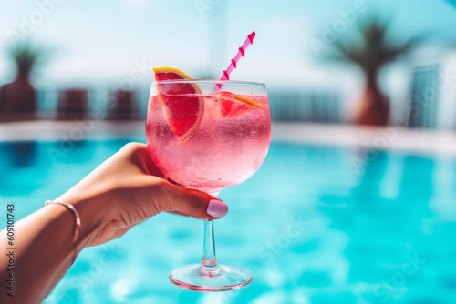 Woman hand holding a glass of pink refreshing cold cocktail on summer day by the pool. Generative AI.