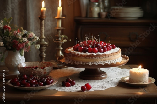 Delicious cherry cake decorated with tasty fresh cherries. Generative AI.
