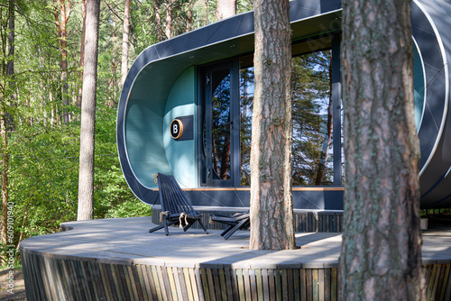 Modern oval-shaped house in the forest in the pines in summer