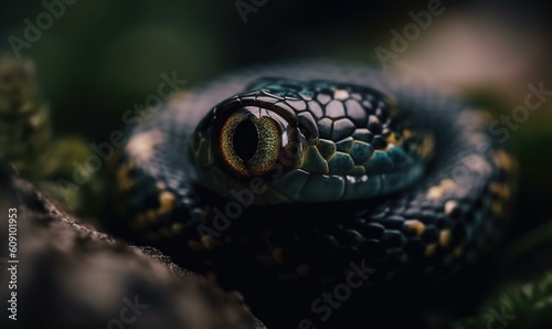  a close up of a snake's eye on a branch. generative ai