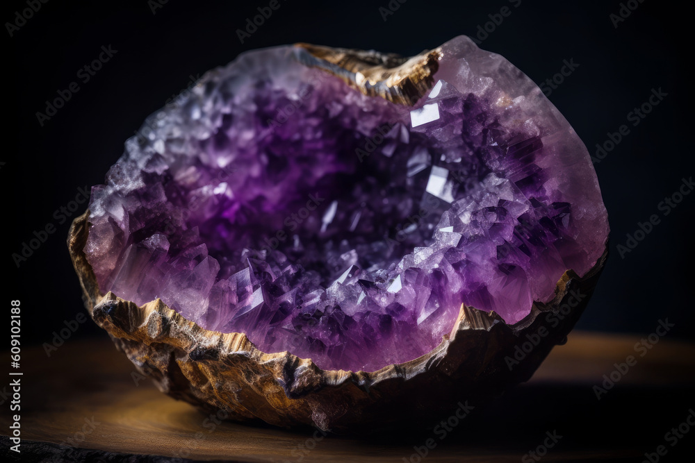 Beautiful amethyst geode glowing in morning light on wooden shelf of a gemstone store. Generative AI. Beautiful amethyst geode glowing in morning light on wooden shelf of a gemstone store. Generative AI.