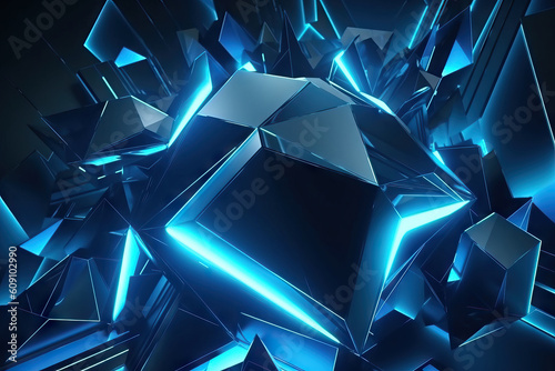 Generative AI illustration of an abstract blue background with 3d glowing polygonal shapes