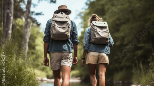 back view of a young couple walking in shorts and a backpack in nature. summer recreation vacation concept. Generative AI © jr-art