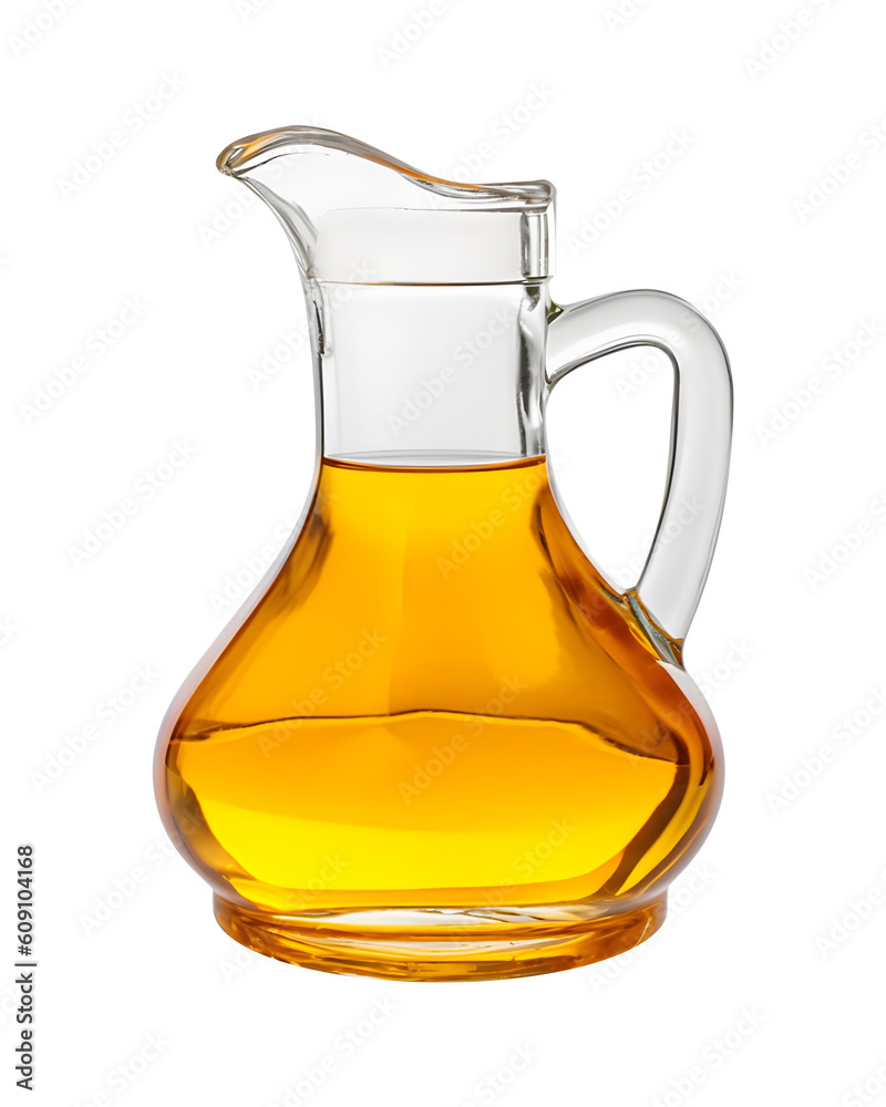Glass jug of cooking oil isolated on white or transparent background, png Glass jug of cooking oil isolated on white or transparent background, png