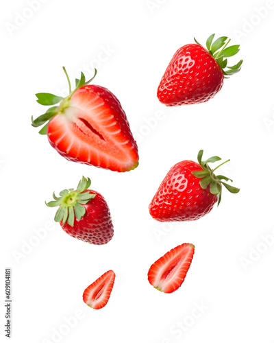 Strawberries. Falling strawberry fruits whole and cut isolated on white or transparent background, png photo