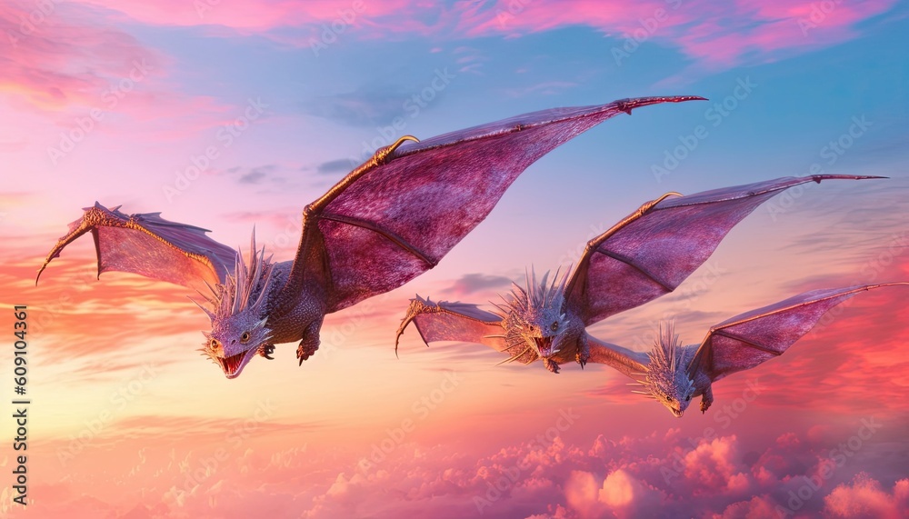 Dragons soaring against a vibrant sunset sky their majestic wingspan ...
