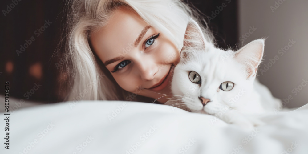 Happy smiling woman with white hair and her white cat, sitting on the bed, waking up