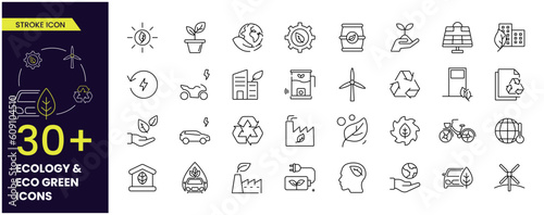 Simple Set of Eco Green (Ecology) Vector Line Icons. Contains such Icons as Electric Car, Global Warming, solar, wind mill and more. Editable Stroke icons collections.