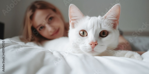 Happy smiling woman with blonde hair and her white cat, sitting on the bed, waking up