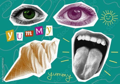 eyes mouth with tongue out licks ice cream summer concept templates collage elements for mixed media design in halftone dotted texture vintage set