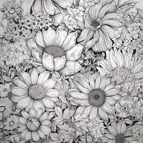 drawing and sketch flower. Black and white with line art illustration. Generative AI